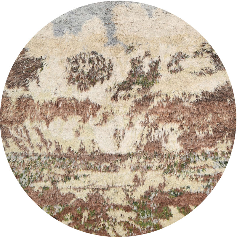 Brun contemporain/Tapis décoratif bleu, Rond 4 pi