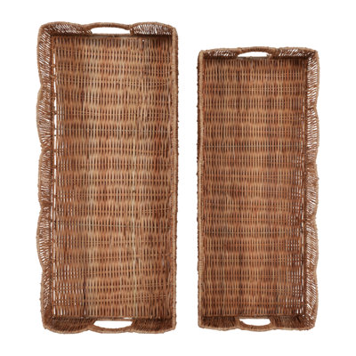 Plateau ottoman tressé à bord festonné pour la décoration intérieure - Plateau décoratif décontracté pour table basse, présentoir à bijoux et cuisine - Lot de 2, brun et beige