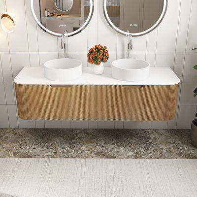 Meuble-lavabo mural 60 po pré-assemblé en grain de bois avec 2 lavabos rectangulaires blancs en céramique