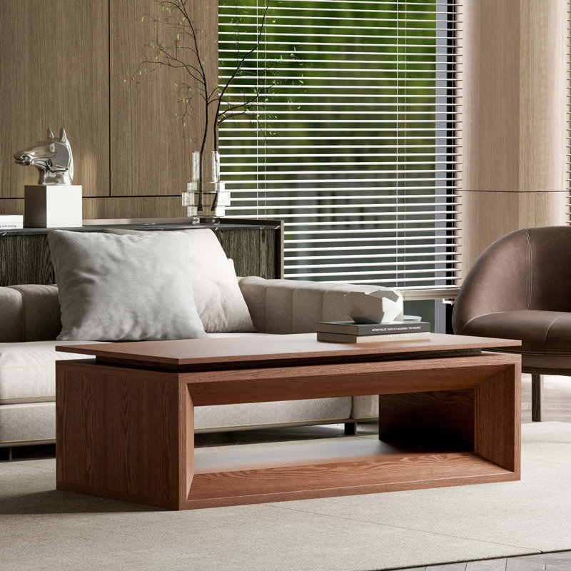 Table basse à plateau relevable avec rangement dissimulé et hauteur réglable, Noyer