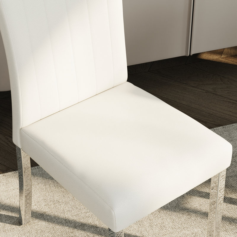 Luxury Leather Dining Room Chairs With Rolled Back Design And Polished Legs, Silver, White