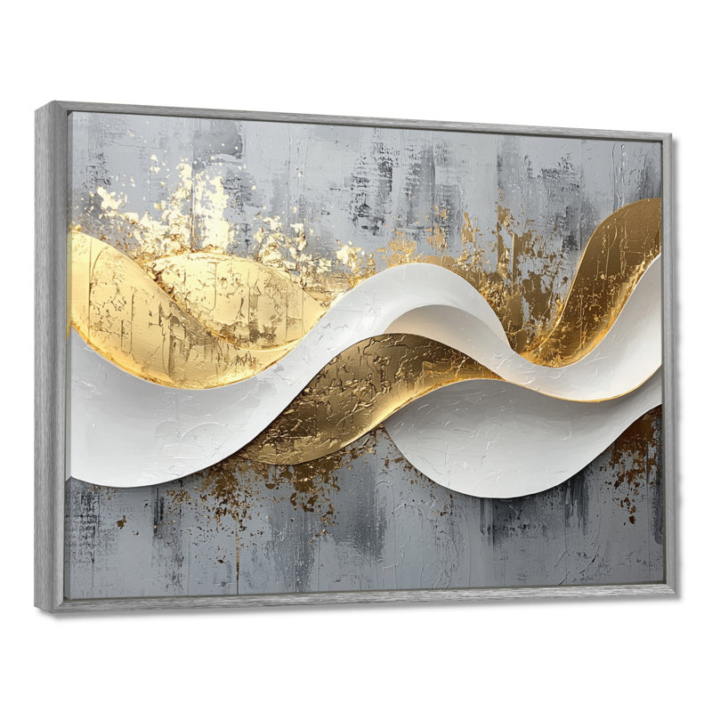 Abstrait bosquet d'introspection en or et blanc V - art abstrait de vagues modernes, H 34 po x l 44 po, Cadre flottant