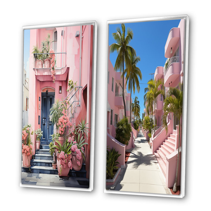 «Pink Miami Artful Facades», 2 pièces roses, Cadre blanc, H 40 po x l 40 po
