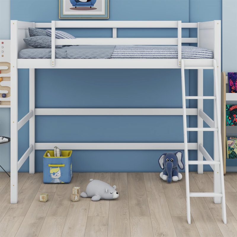 Lit mezzanine simple en bois massif avec échelle Kaman, Blanc