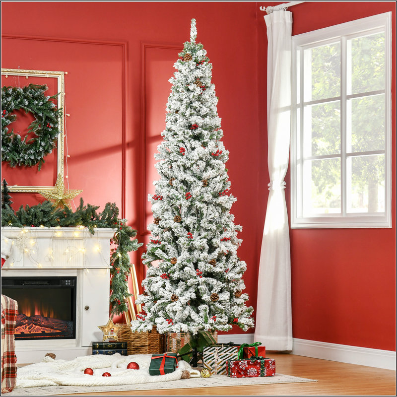 Arbre de Noël artificiel enneigé 9 pi avec branches de pin réalistes, pommes de pin, baies rouges, ouverture automatique, vert