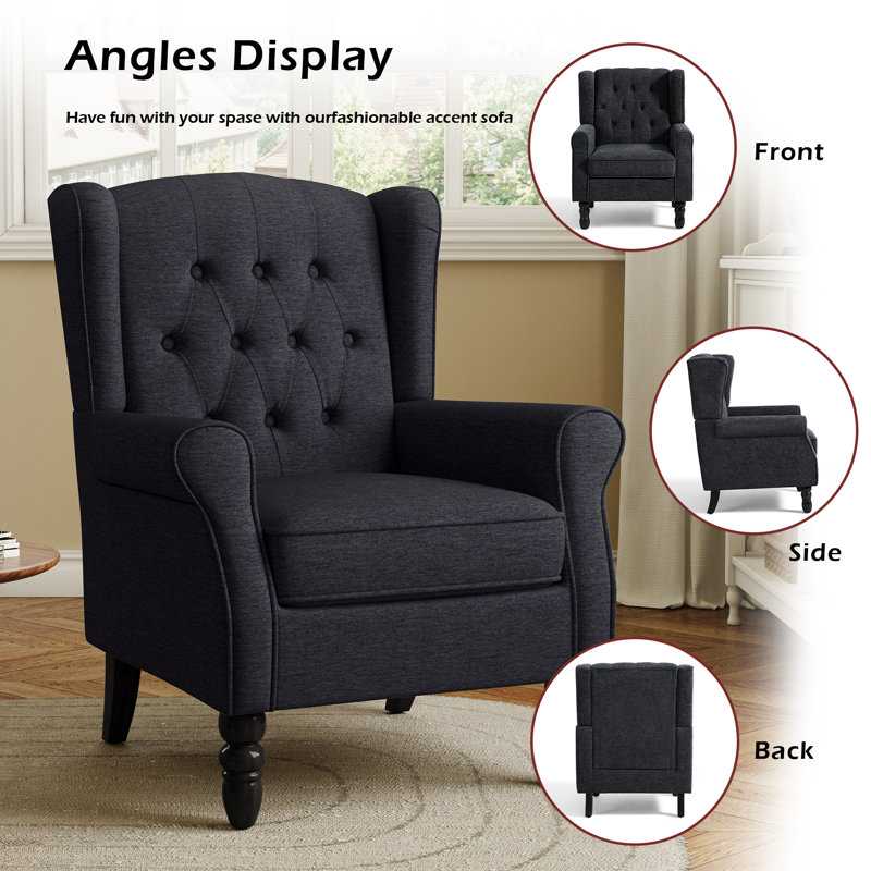 Fauteuil d'appoint à oreilles capitonné avec accoudoirs roulés et coussins épais Duward, Black Blue Polyester Blend