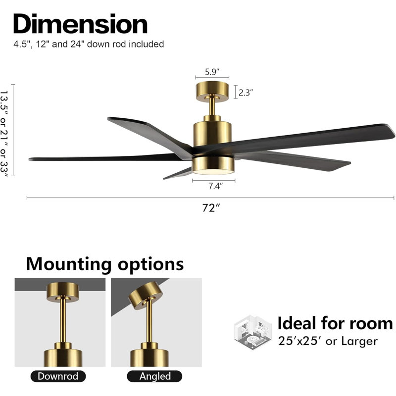 Sheran 72'' Ceiling Fan with LED Lights, Gold with Black Blades