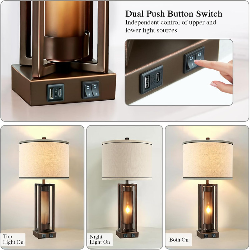 Rustic Brown Metal Table Lamps Set of 2 with Beige Linen Shades and USB Ports