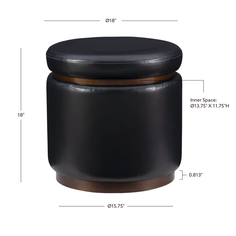 Repose-pieds de rangement rond en similicuir de 18 po Addilynne, Noir