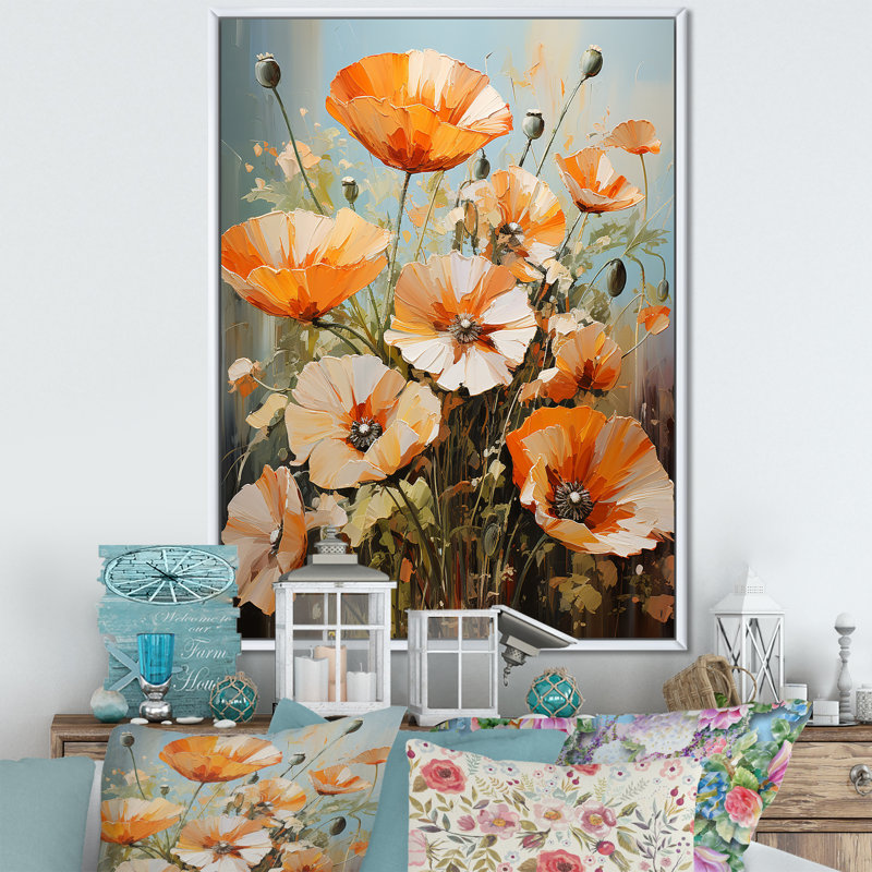 «Poppies Meadow Orange Ovation», reproduction d'art sur toile, Cadre flottant blanc, 32" H x 24" W