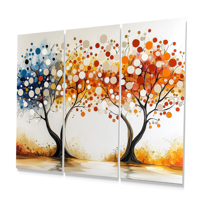 Arbre d'automne orange et bleu «Seasons Tree Reflections IV» - ensemble de décoration murale abstrait Mid-Century