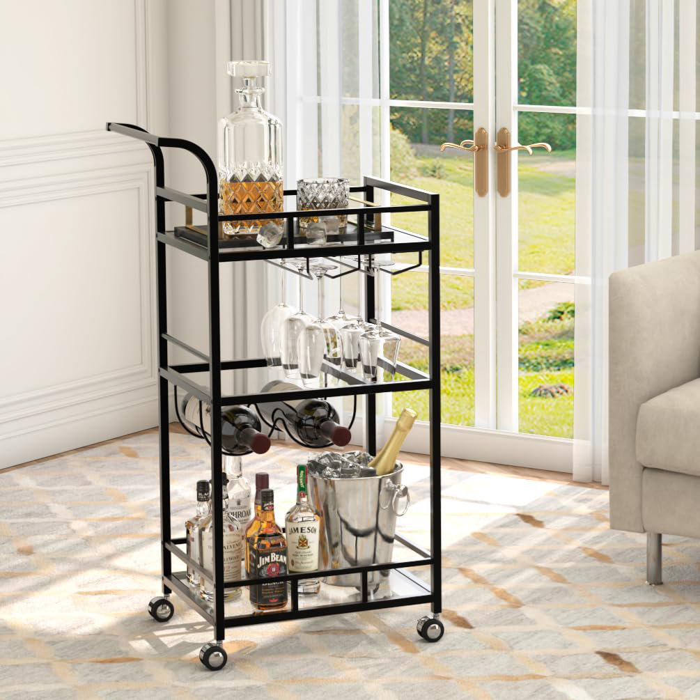 Latitude Run® Space-Saving Black Glass Bar Cart With Locking Casters ...