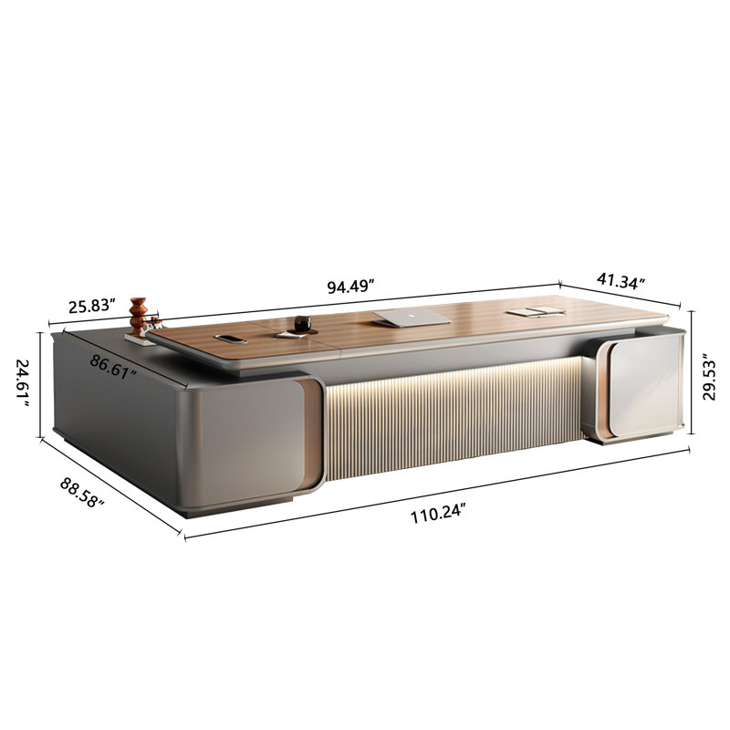 Bureau de direction 110,24 po avec grille de luxe - plateau en grain de noyer épaissi, bordure en alliage d'aluminium, bande de lumière ambiante à contrôle tactile et verrouillage par empreinte digitale, bureau multifonctionnel PDG