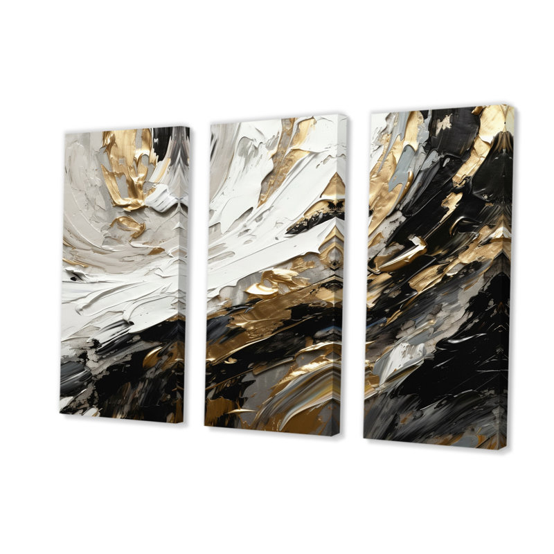«Exquis Darling Gold Abstract Wave On Black III», ensemble de reproductions d'art mural abstraites