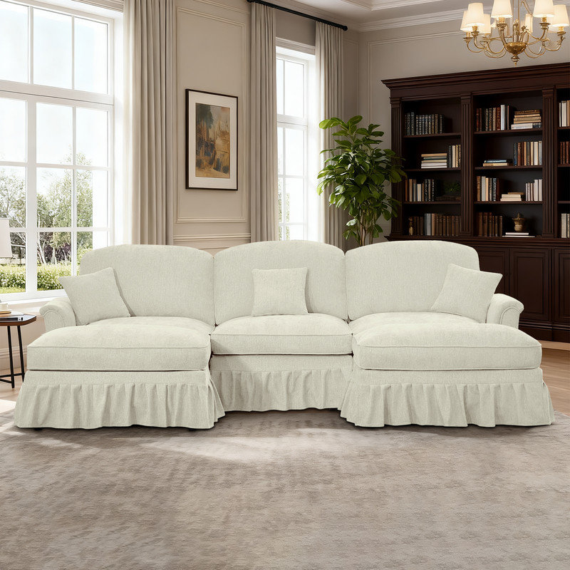 Canapé modulaire en U avec repose-pieds et jupe à volants amovible, Chenille beige