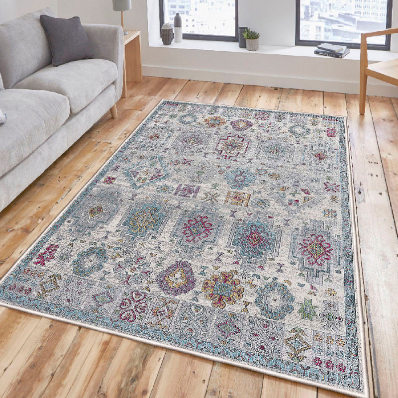 Premium Cotton Area Rug, 3.3 x 6.6 ft | 100% Antibacterial, Non-Slip PVC Underside, 7.0 mm Total Thickness | Machine Washable, Soft Pile Height 0.4 in | Stylish Pink, Blue, Green & Grey Design for Home Décor