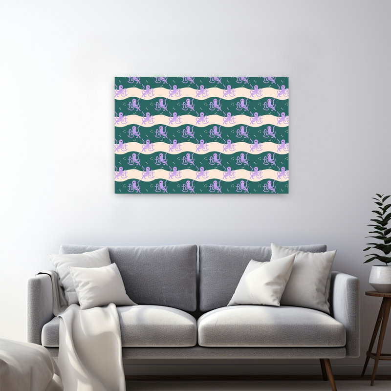 Affiche murale contemporaine représentant une pieuvre ludique dans l'océan, H 32 po x l 48 po