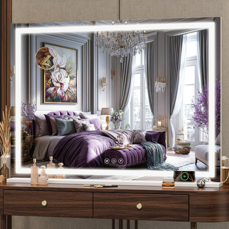 Miroir de salle de bain 32 po x 24 po à DEL avec 3 modes de couleurs à intensité variable, commande à écran tactile, fixation murale ou de table, finition blanche