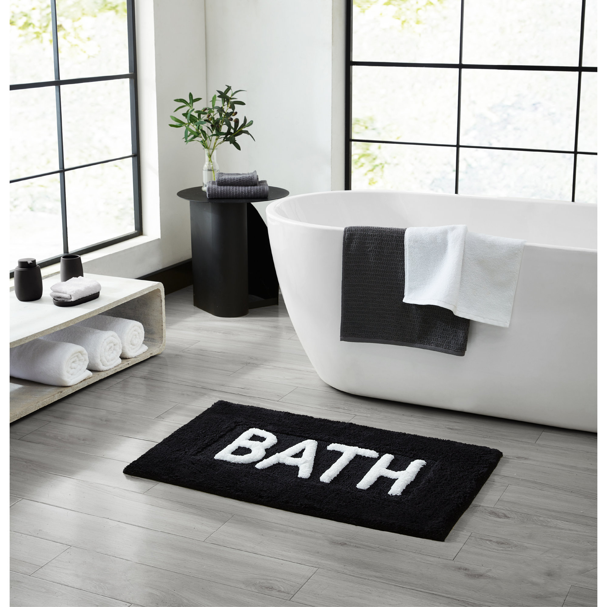 Cotton Blend Non-Slip Bath Rug, Black