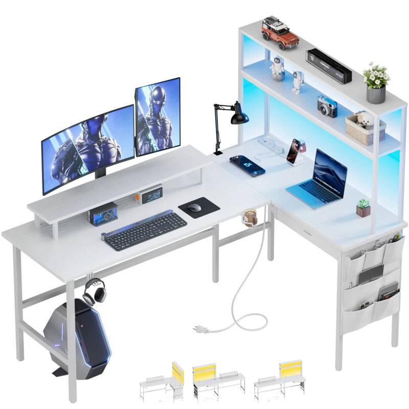 HLDIRECT 67 Inch Reversible L-Shaped Gaming Desk with LED Lights, Power Outlets & Drawer, 2-Person Home Office Desk with Monitor Stand, Shelves & Storage Bag, for Gaming, Work & Streaming, White