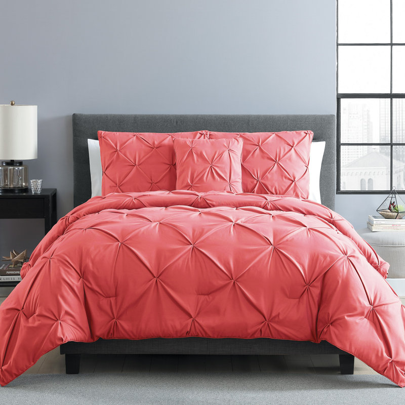 Carmen 3-Piece Pintuck Comforter Set, Coral, King Comforter + 2 Shams + 1 Throw Pillow