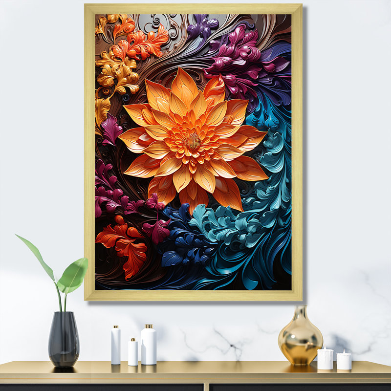 «Kaleidoscopic Curl Flower Spiral I», reproduction sur toile, H 32 po x l 16 po x P 1 po, Encadrement doré