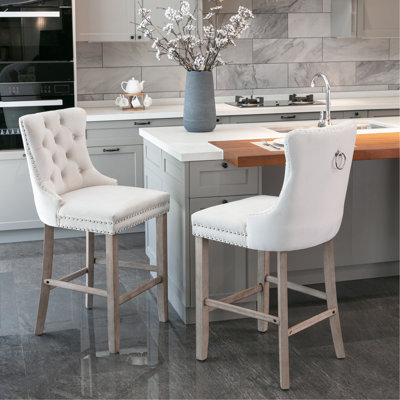 Décoration contemporaine en velours avec boutons, haut dossier, pieds en bois massif, beige, de 2 rembourrés, garniture cloutée, 2 beige pour la décoration de la salle à manger
