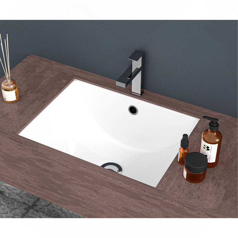 21"x14" White Ceramic Rectangular Undermount Bathroom Sink with Overflow