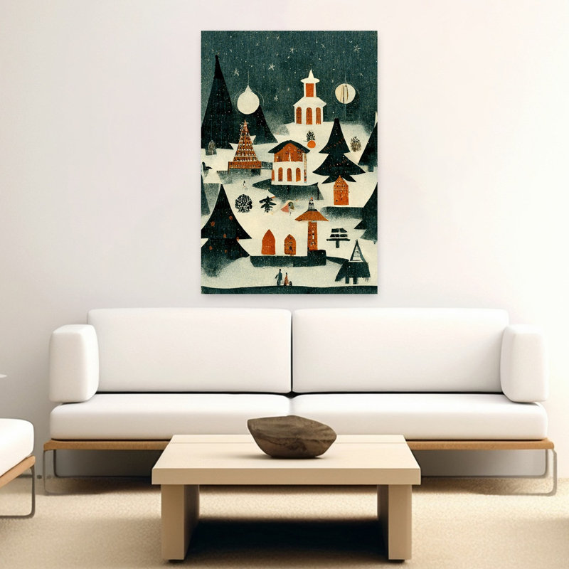 «Winter Village», rétro, rétro, pin, paysage, hiver, reproduction d'art murale, 60" H x 40" W