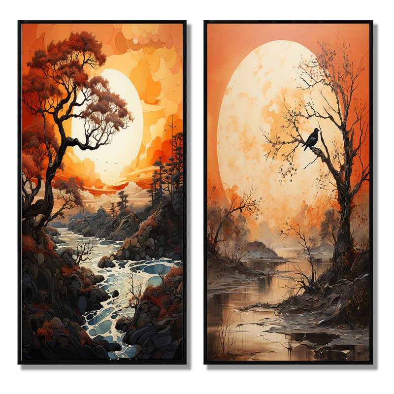 «Tree Orange Moon Silhouette», 2 pièces, Cadre noir, H 40 po x l 40 po