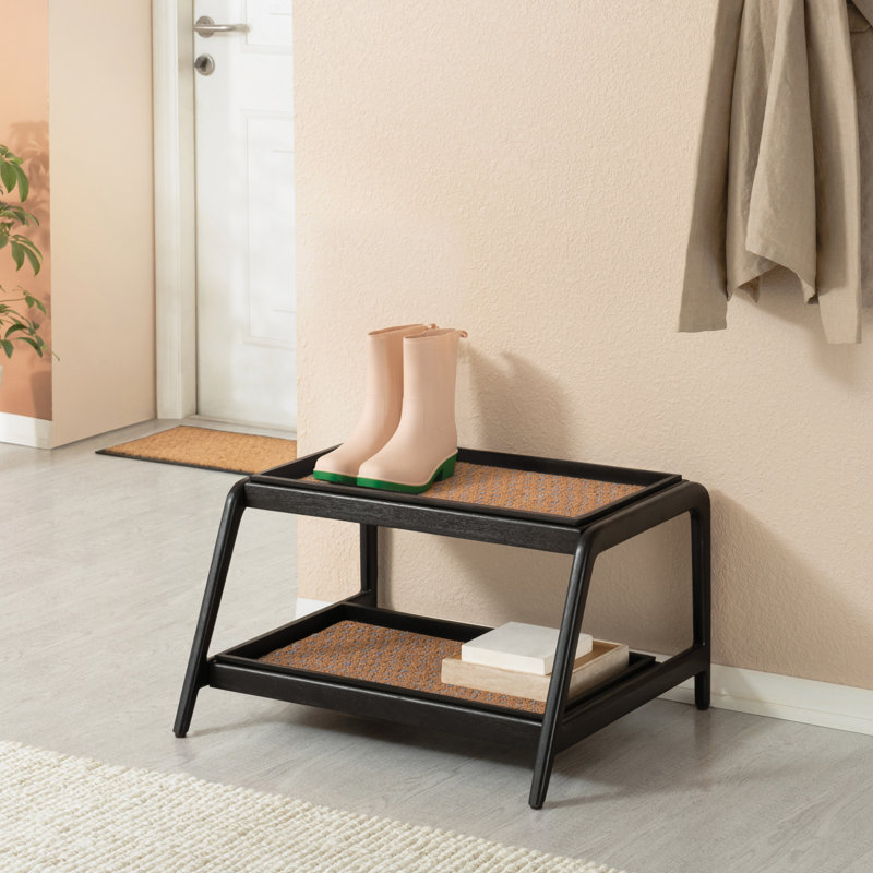 Premium Solid Wood Boot Tray Stand with Natural Coir Mat - Entryway & Mudroom Shoe Organizer, Black, Tier 2, 22" W x 26.5" L
