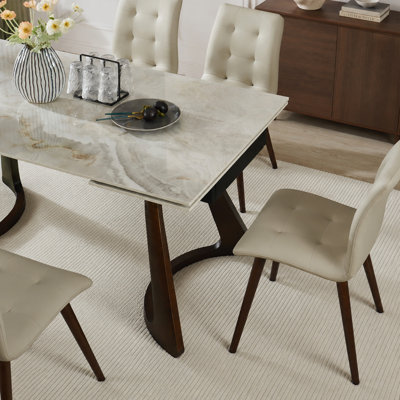Table de salle à manger extensible en pierre frittée de 63 à 94,5 pouces avec base en bois massif