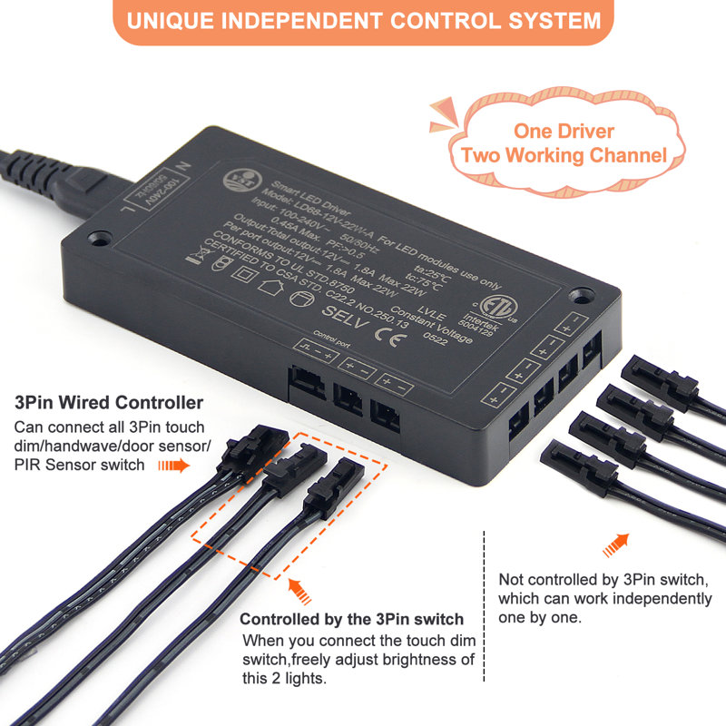 LED Electronic Transformer  Black Led Driver With 6 JST ports and Plug in, 22W