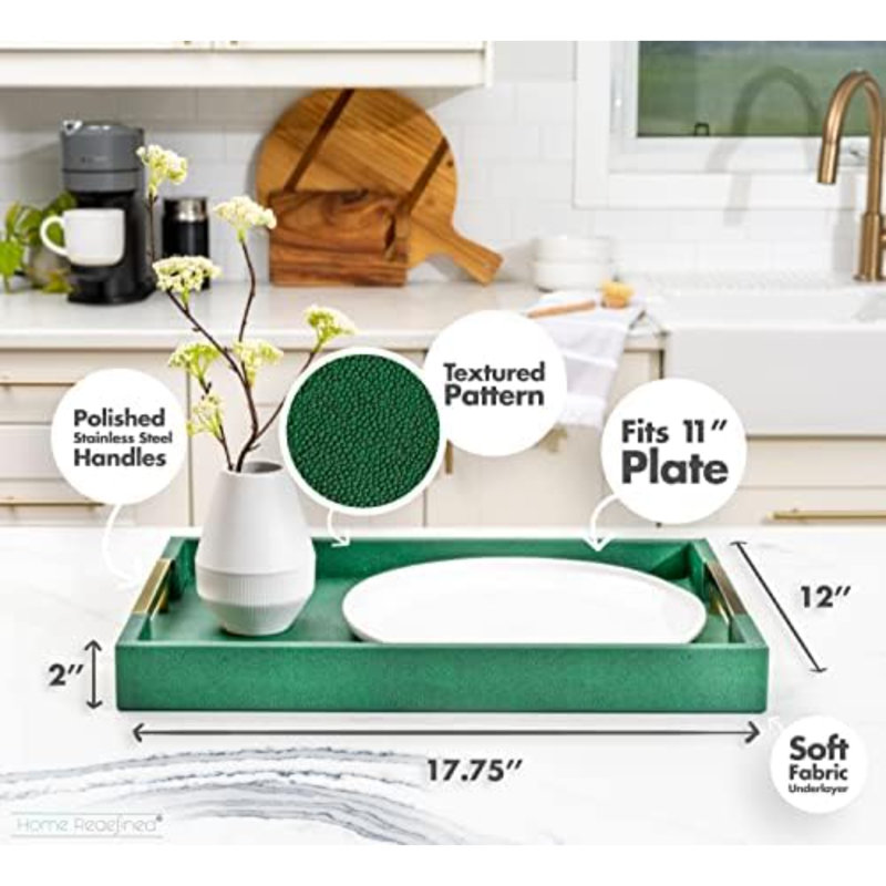 Modern Elegant 18"X12" Rectangle Emerald Green Shagreen Faux Leather Decorative Tray Ottoman Coffee Table Perfume Living Room Kitchen Serving Tray With Gold Polished Metal Handles For All Occasion's