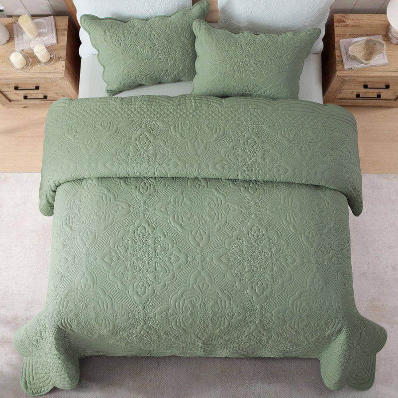 Ensemble de courtepointe à bordure festonnée en microfibre délavée 3 pièces, Grand lit, Vert