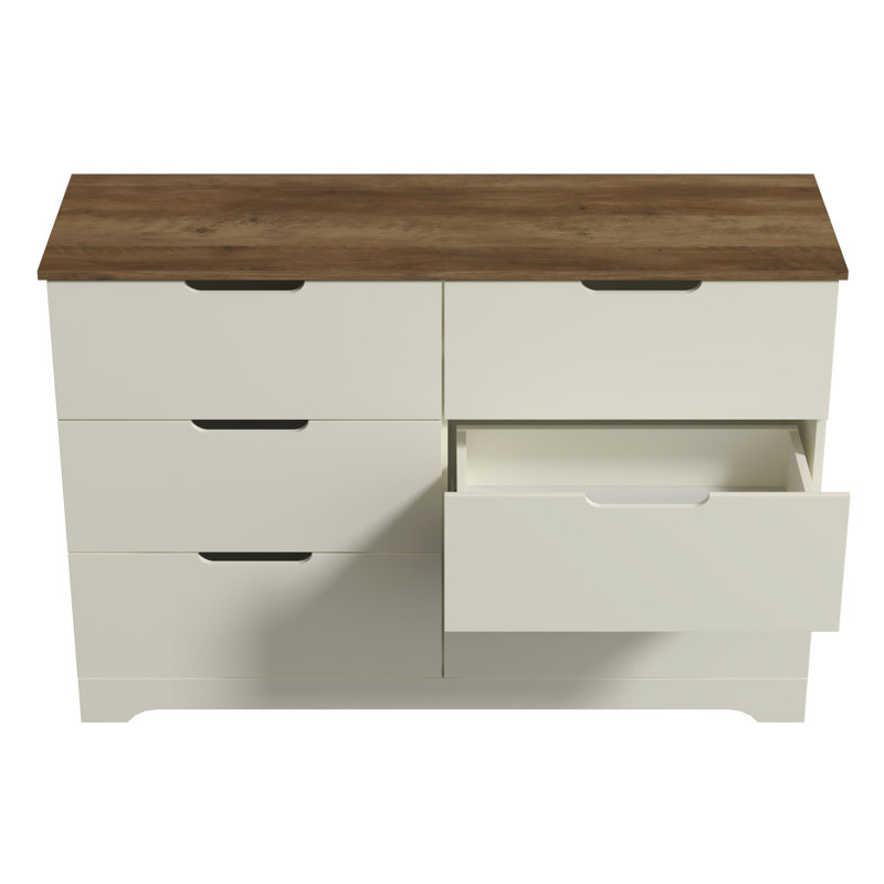 Commode 6 tiroirs Aroob, Ivoire / chêne noueux