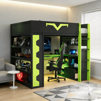 Modern Gaming Full Loft Bed With Lighted Desk And Keyboard Tray, Pegboard, Storage Bookcase
