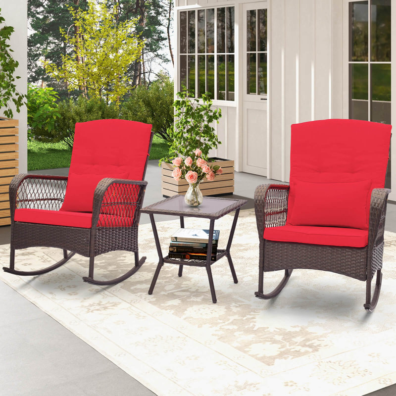 Ensemble de chaises berçantes d'extérieur en osier avec table basse double 3 pièces, Rouge