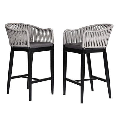 25 Inch Outdoor Counter Height Bar Stools Set of 2, Woven Back Counter Bar Chairs with Cushion, Aluminum Boho Counter Height Barstools for Indoor and Outdoor, Kitchen Island