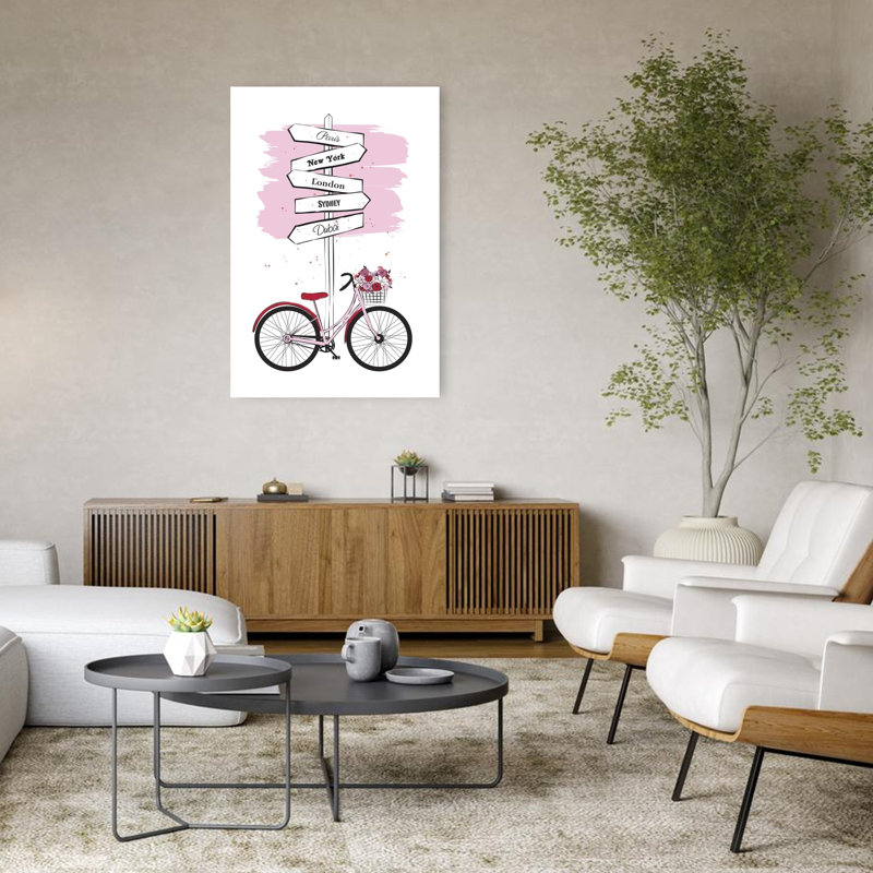 Impression sur toile rose, bicyclette, ville abstraite, ville rétro moderne, H 48 po x l 32 po
