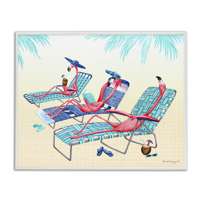 Flamants roses se prélassant sur des chaises de plage, scène tropicale, giclée blanche, art texturé par Amelie Legault