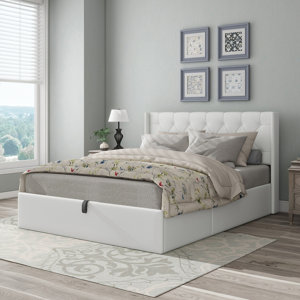 Raania Low Profile Hydraulic Lift Up Storage Bed with Tufted and Wingback Headboard
