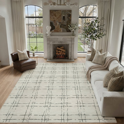 Kaleb Checkered Washable Beige Area Rugs With Non-Slip Backing