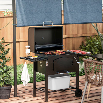 Barbecue au charbon de bois avec tables d'appoint et support de rangement, hauteur réglable, thermomètre, roulettes pour pique-nique, tablettes pliantes noires pour camping,