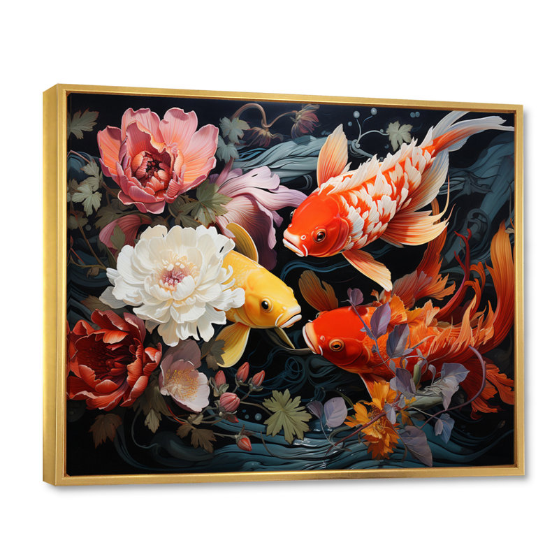 Japon Yellow And Red Golden Koi II - Japan Art Wall Decor, H 24 po x l 32 po x P 1 po, Cadre flottant doré