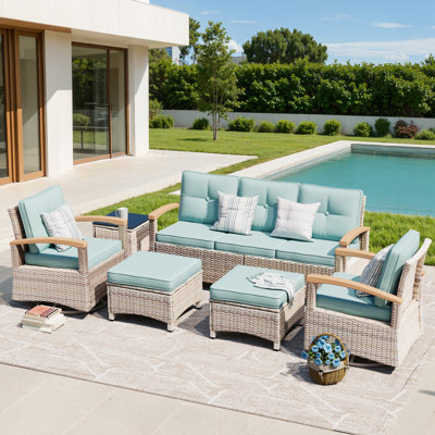  Ensemble de meubles de patio 6 pièces, ensembles de conversation de patio en osier avec 2 accoudoirs pivotants en bois, 2 repose-pieds pour terrasse et bord de piscine (bleu)