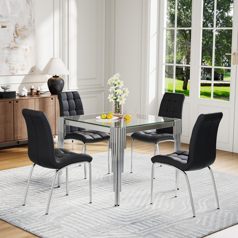 4 - Person Square Glass Top Dining Set, Clear, Silver, Black/Silver