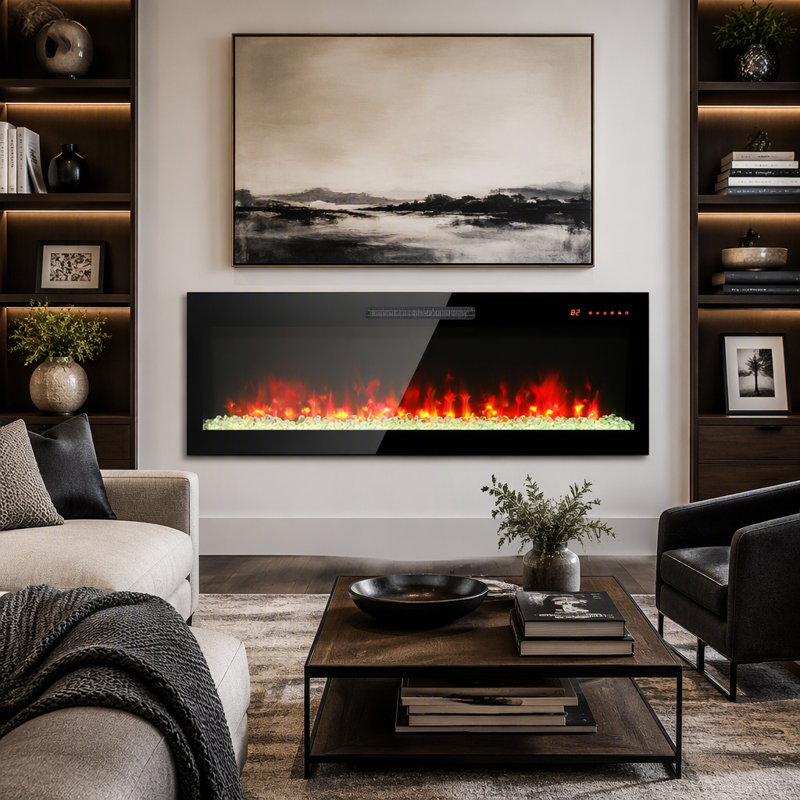 Foyer électrique mural encastré en verre trempé ultra-mince de 60 pouces avec télécommande et flamme multicolore