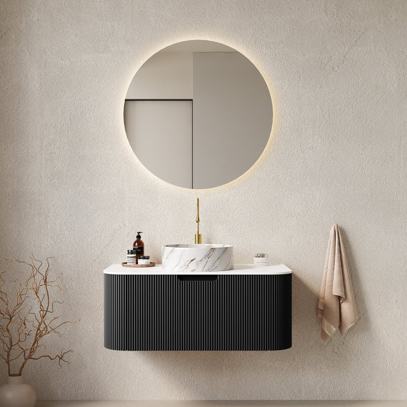 Meuble-lavabo de salle de bain 36 po avec lavabo, meuble de rangement mural à bordures courbées et flottantes avec tiroir et lavabo en céramique blanc à motif de pierre