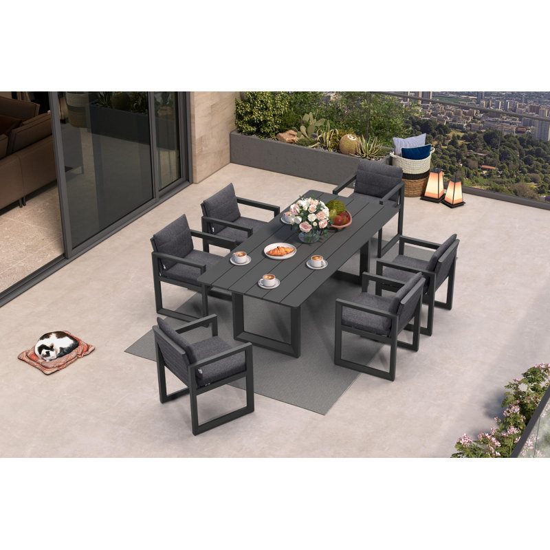  Ensemble de salle à manger d'extérieur pour 6 meubles de patio en aluminium très longs et ensemble de chaises de patio avec coussin épais toutes saisons